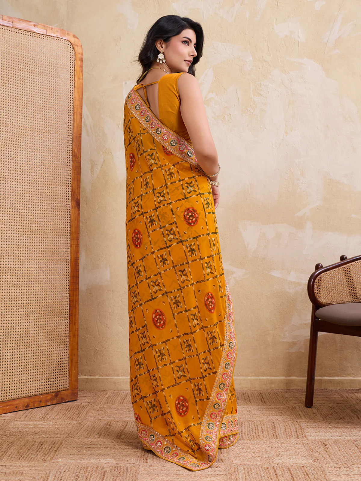 Odette Yellow Georgette Embroidered Saree For Women - Image 3