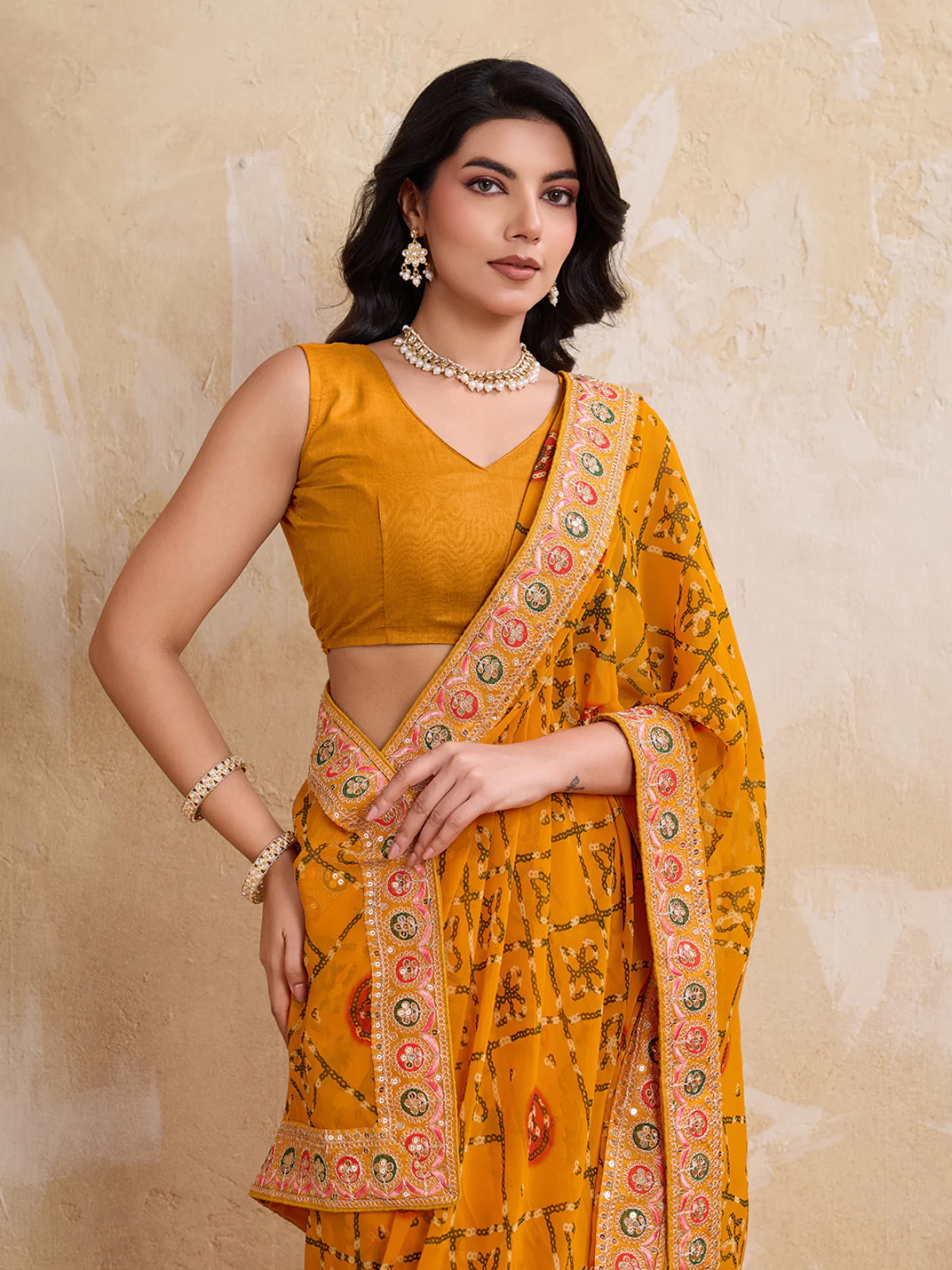 Odette Yellow Georgette Embroidered Saree For Women - Image 4