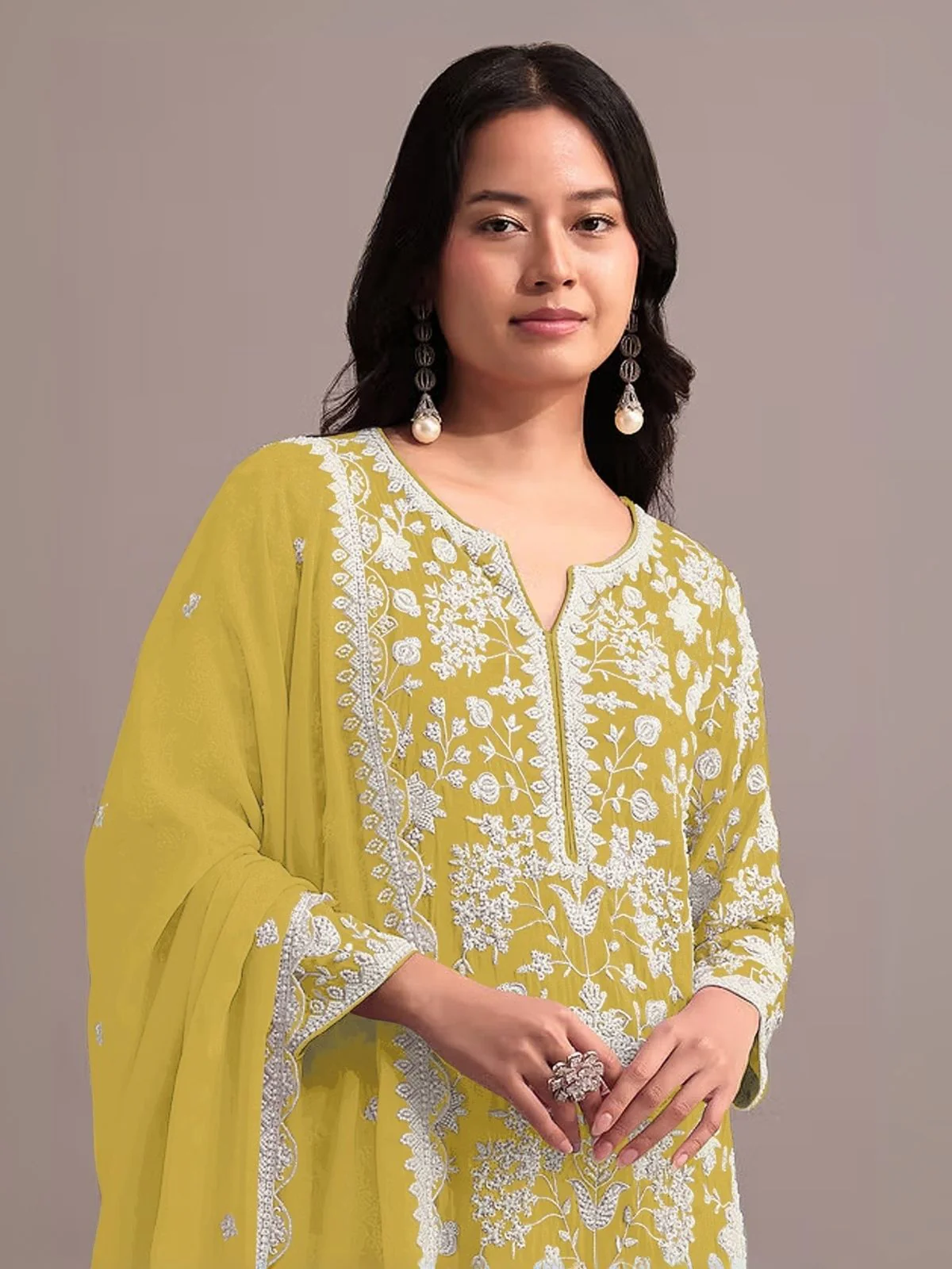 Odette Yellow Georgette Embroidered Semi-Sitched Kurta Set For Women - Image 2