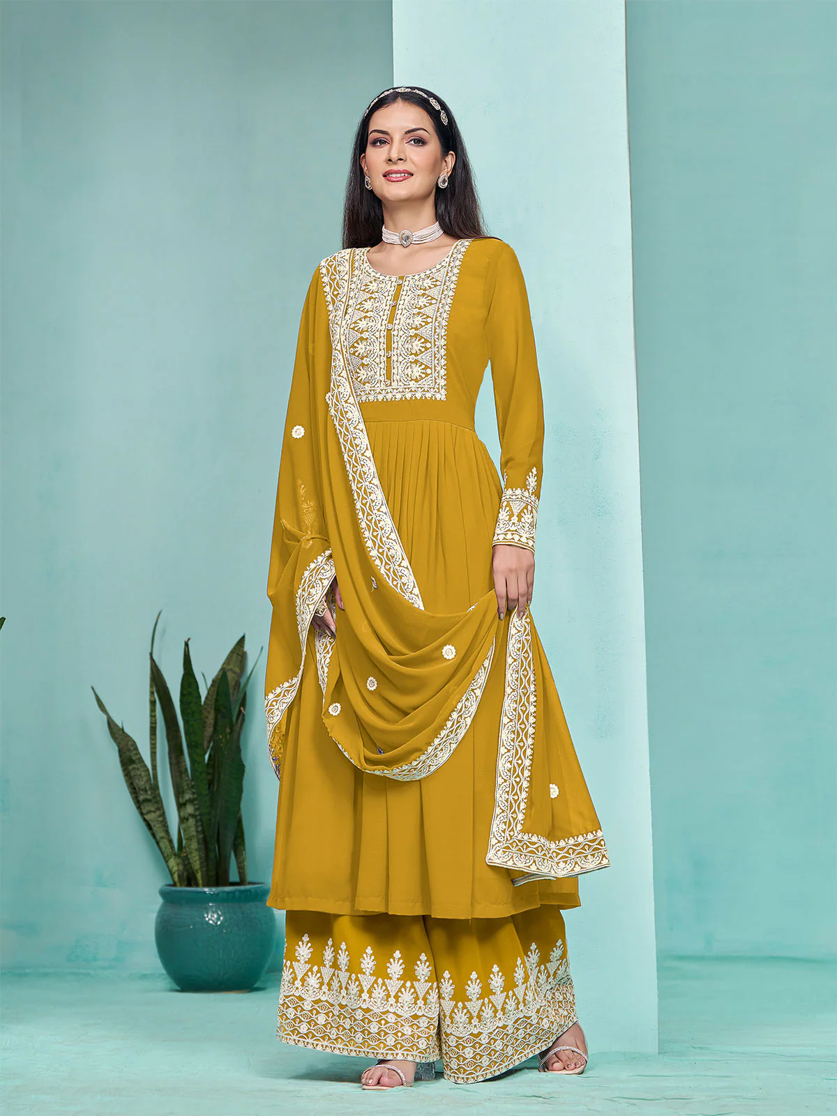 Odette Yellow Georgette Embroidered Semi Stitched Kurta Set For Women - Image 2