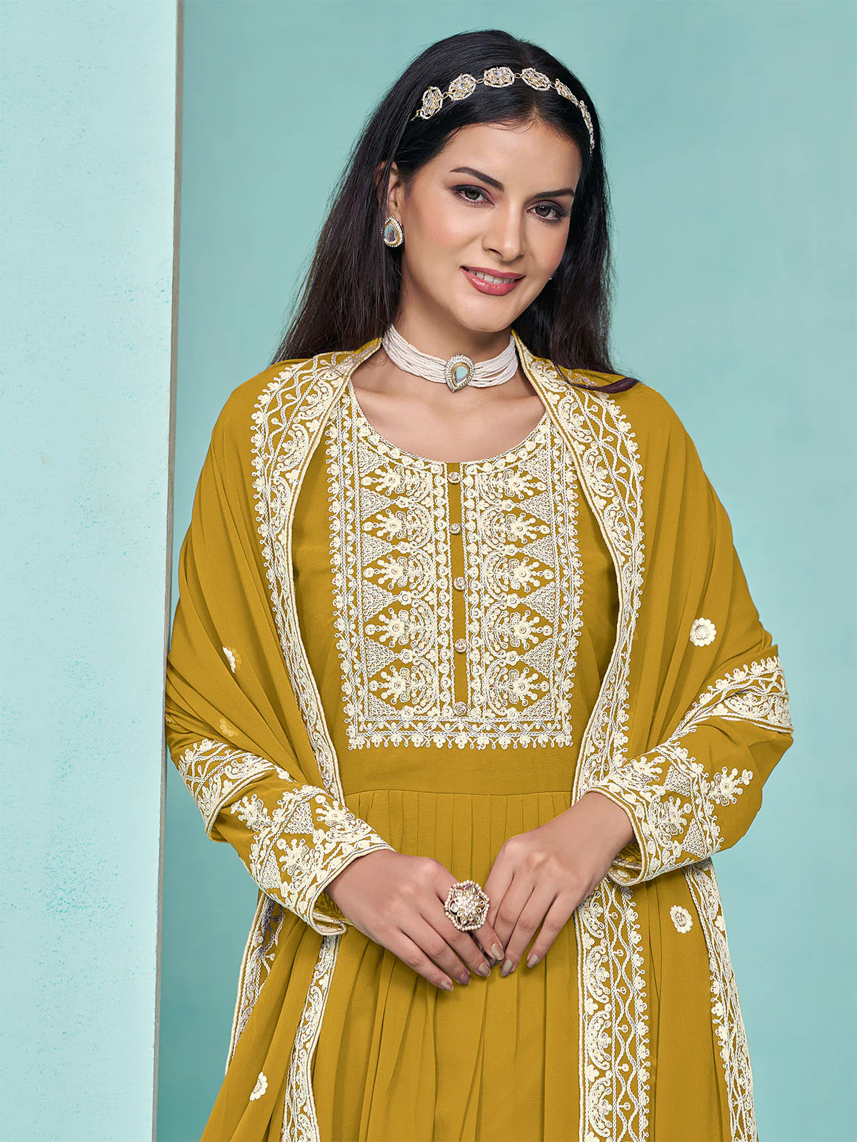 Odette Yellow Georgette Embroidered Semi Stitched Kurta Set For Women - Image 3