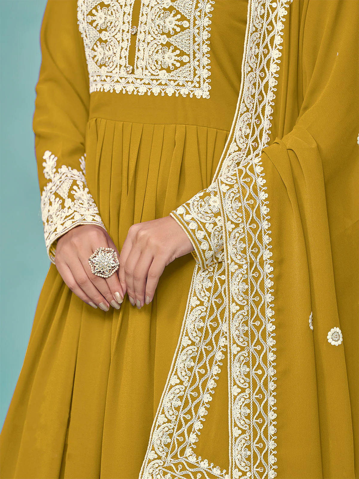 Odette Yellow Georgette Embroidered Semi Stitched Kurta Set For Women - Image 4