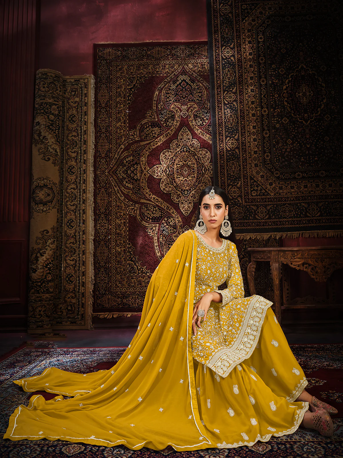Odette Yellow Georgette Embroidered Semi stitched Kurta Set with Inner For Women - Image 3