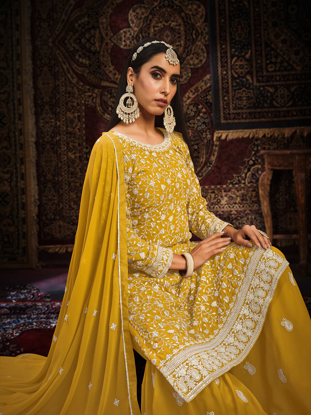 Odette Yellow Georgette Embroidered Semi stitched Kurta Set with Inner For Women - Image 4