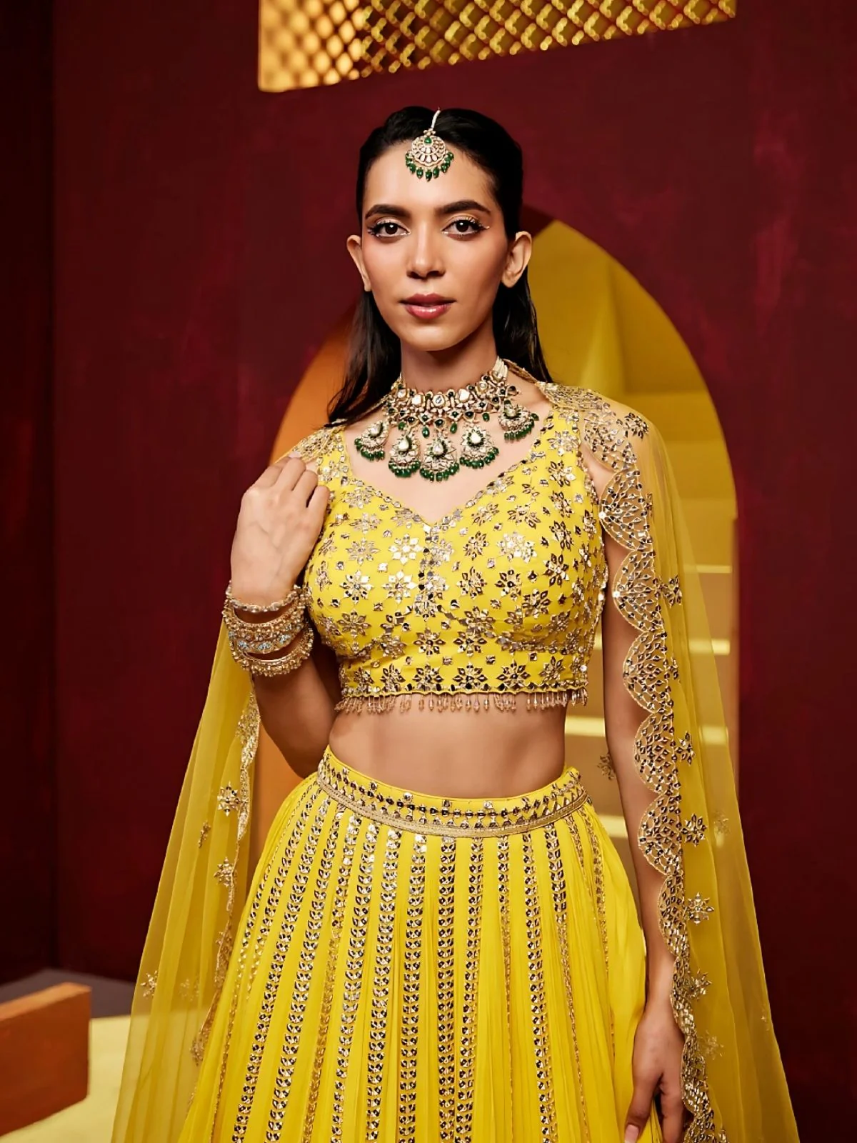 Odette Yellow Georgette Embroidered Semi-Stitched Lehenga For Women - Image 2