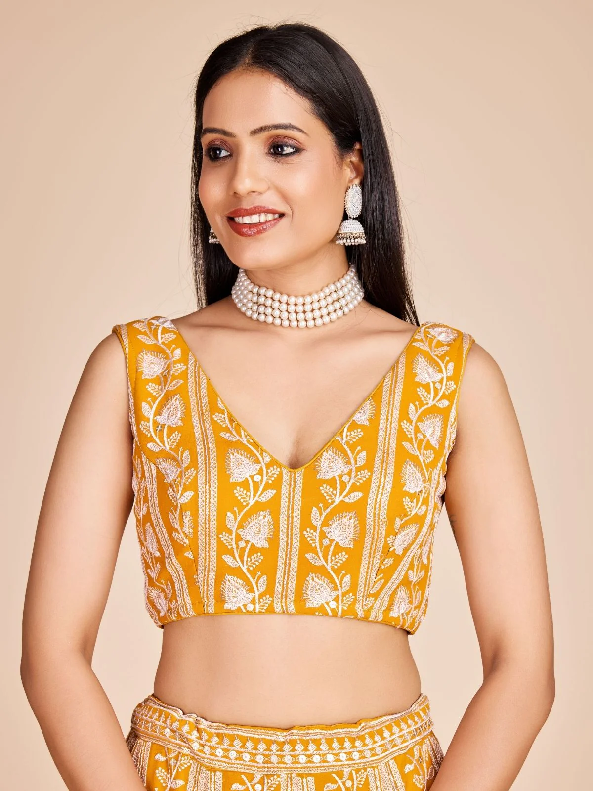 Odette Yellow  Georgette Embroidered Semi-Stitched Lehenga For Women - Image 5