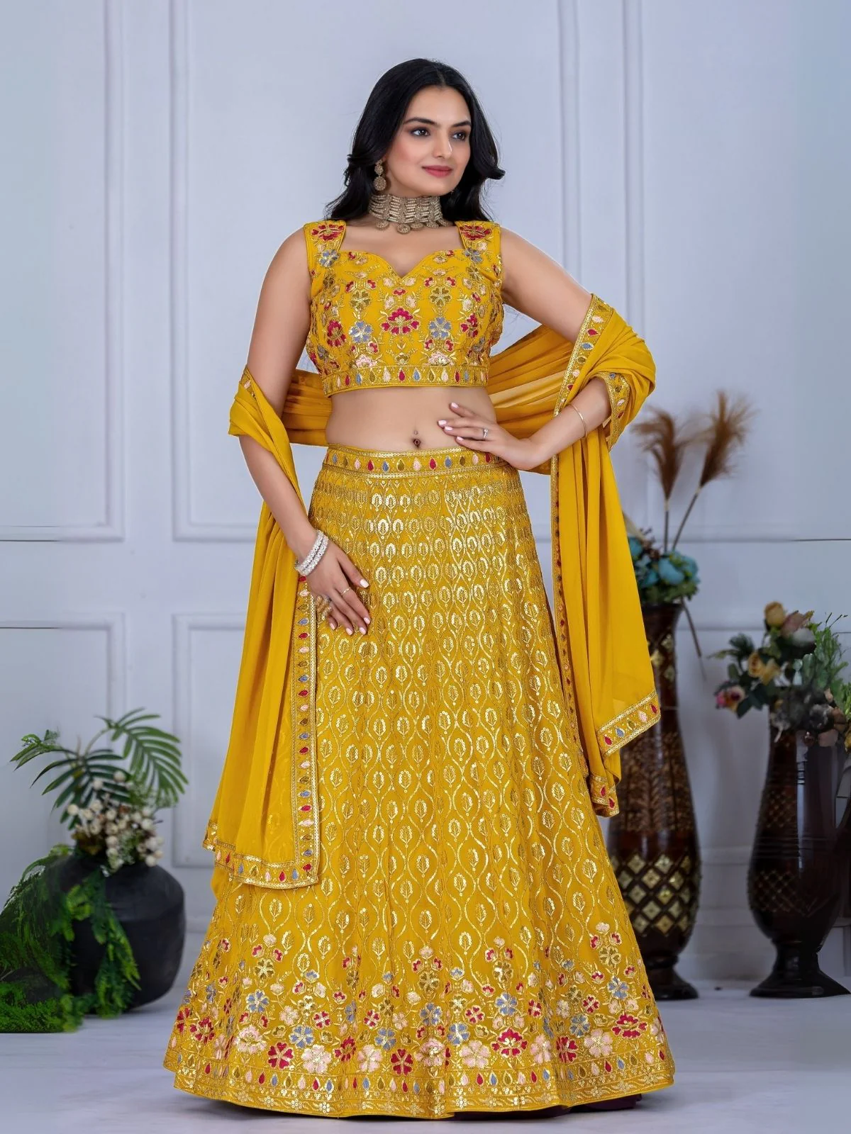 Odette Yellow Georgette Embroidered Semi-Stitched lehenga For Women - Image 2