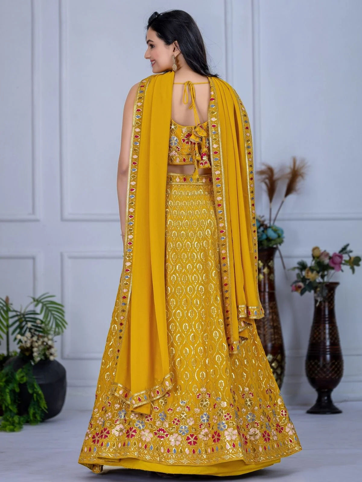 Odette Yellow Georgette Embroidered Semi-Stitched lehenga For Women - Image 3