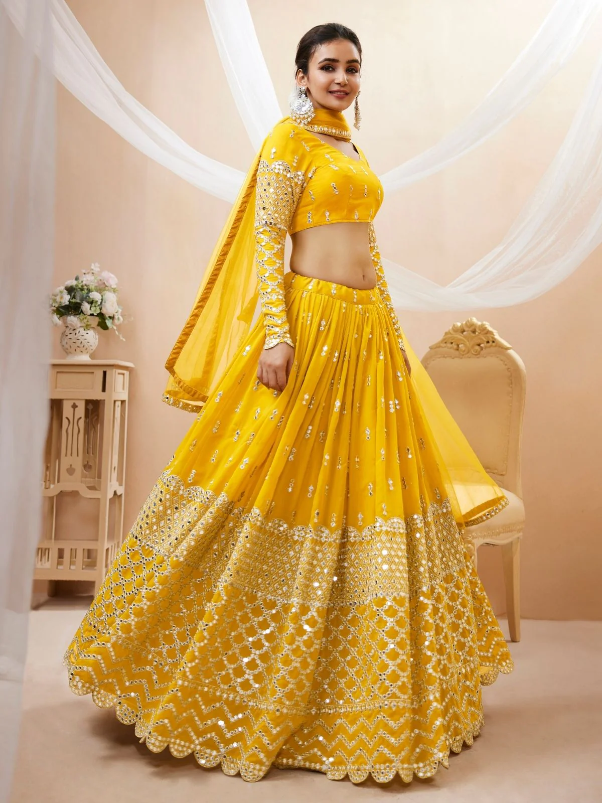 Odette Yellow Georgette Embroidered Semi Stitched Lehenga With Unstitched Blouse For Women - Image 3