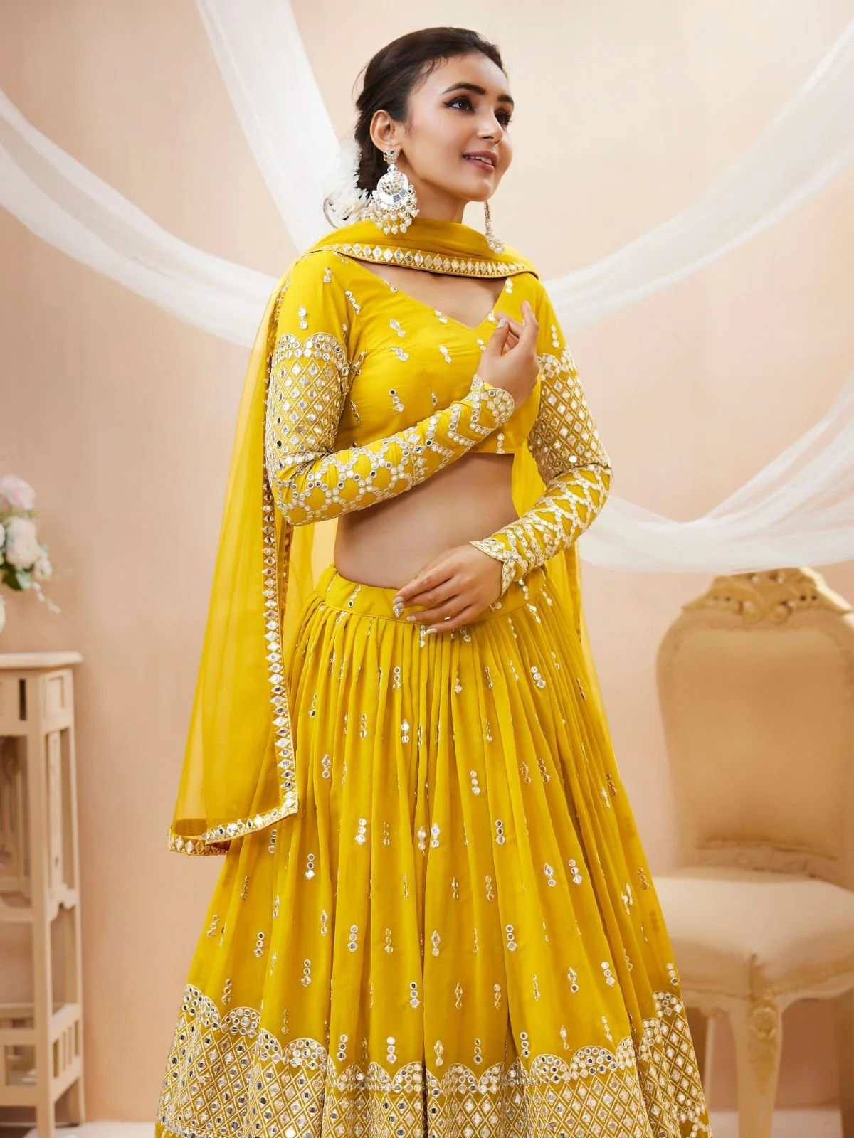 Odette Yellow Georgette Embroidered Semi Stitched Lehenga With Unstitched Blouse For Women - Image 5