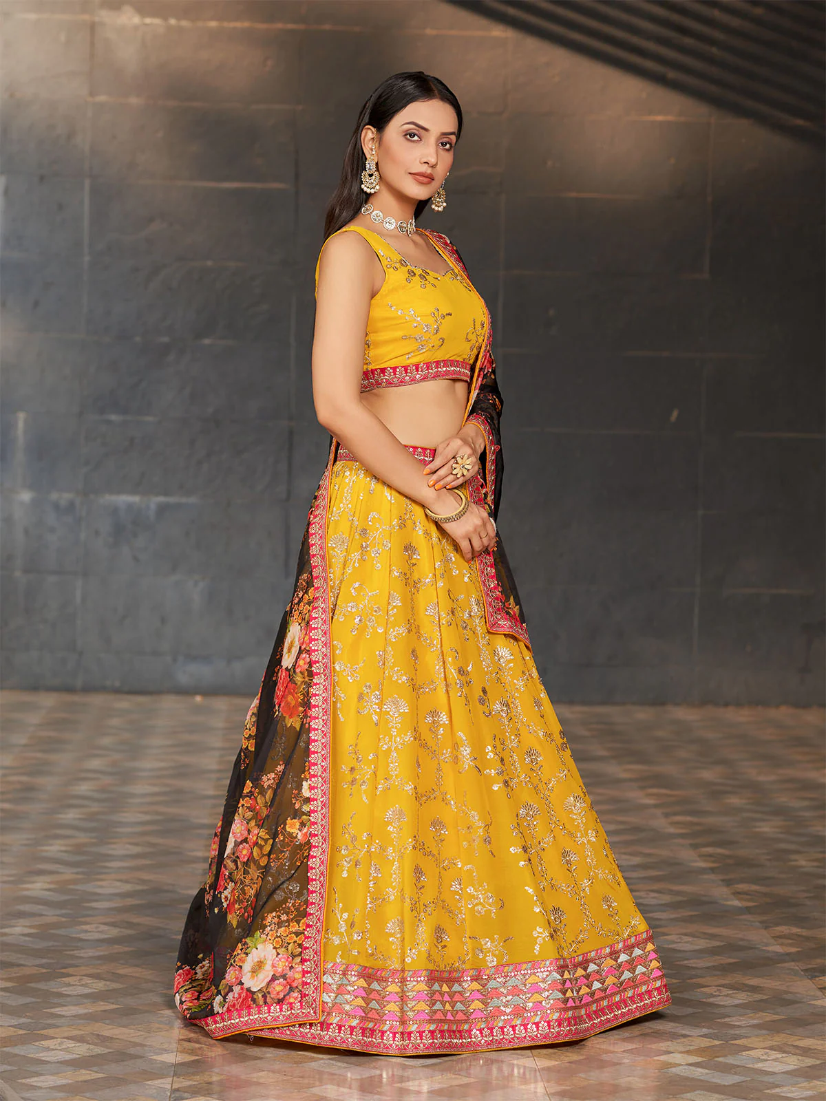 Odette Yellow Georgette Embroidered Semi Stitched Lehenga With Unstitched Blouse For Women - Image 3