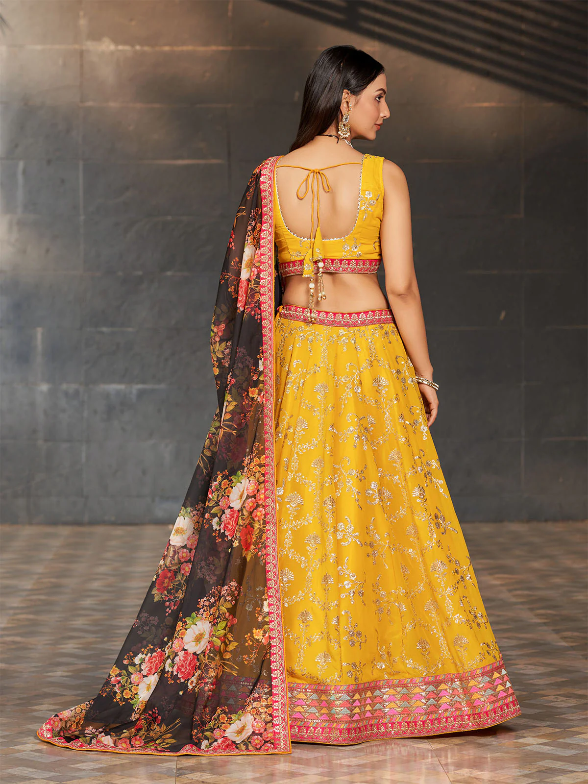 Odette Yellow Georgette Embroidered Semi Stitched Lehenga With Unstitched Blouse For Women - Image 4