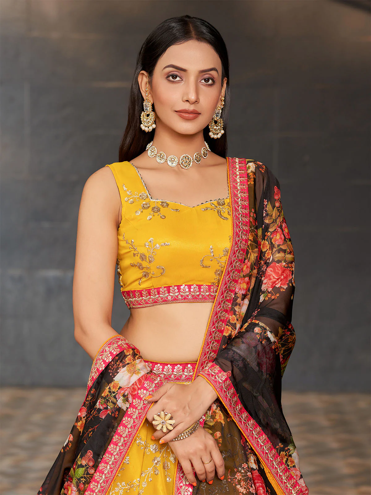 Odette Yellow Georgette Embroidered Semi Stitched Lehenga With Unstitched Blouse For Women - Image 5