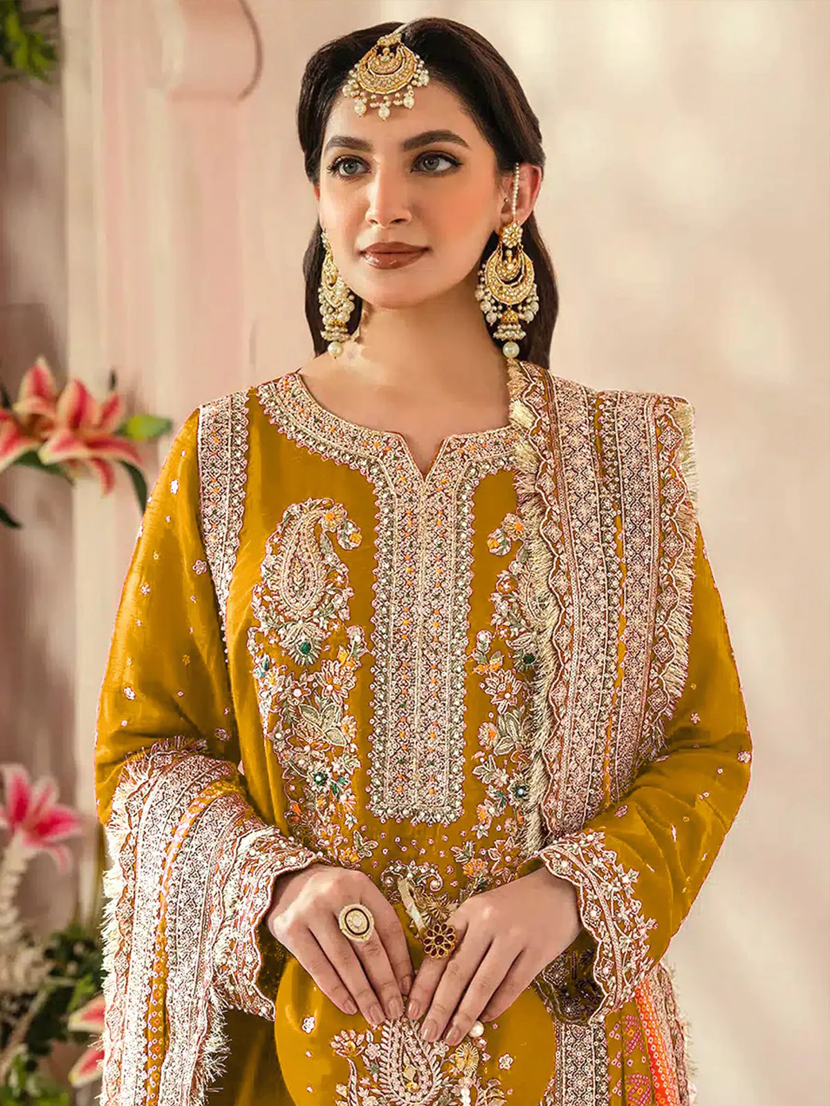 Odette Yellow Georgette Embroidered Semi Stitched Salwar Suit For Women - Image 2