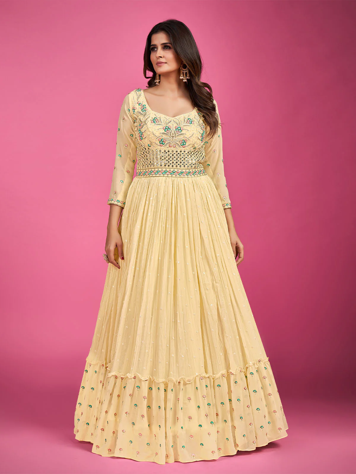 Odette Yellow Georgette Embroidered Stitched Gown With Dupatta For Women - Image 3