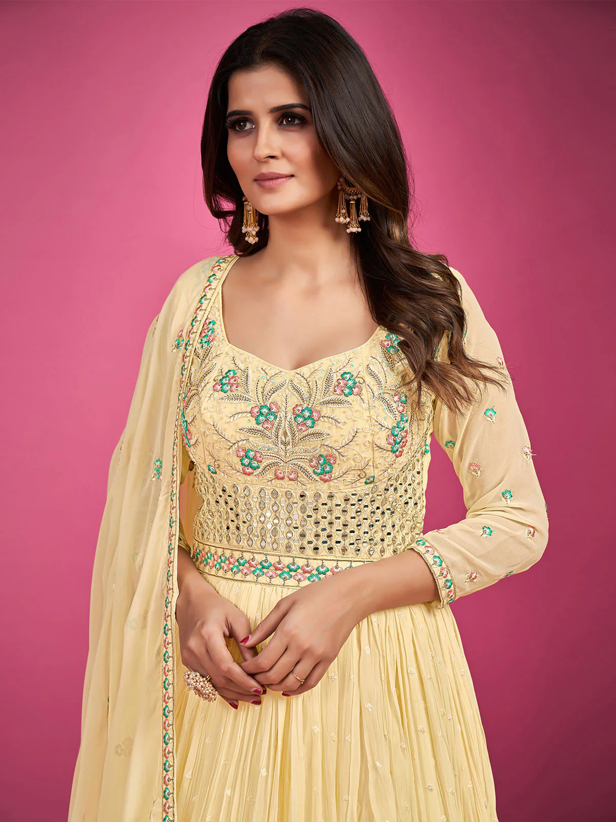 Odette Yellow Georgette Embroidered Stitched Gown With Dupatta For Women - Image 5