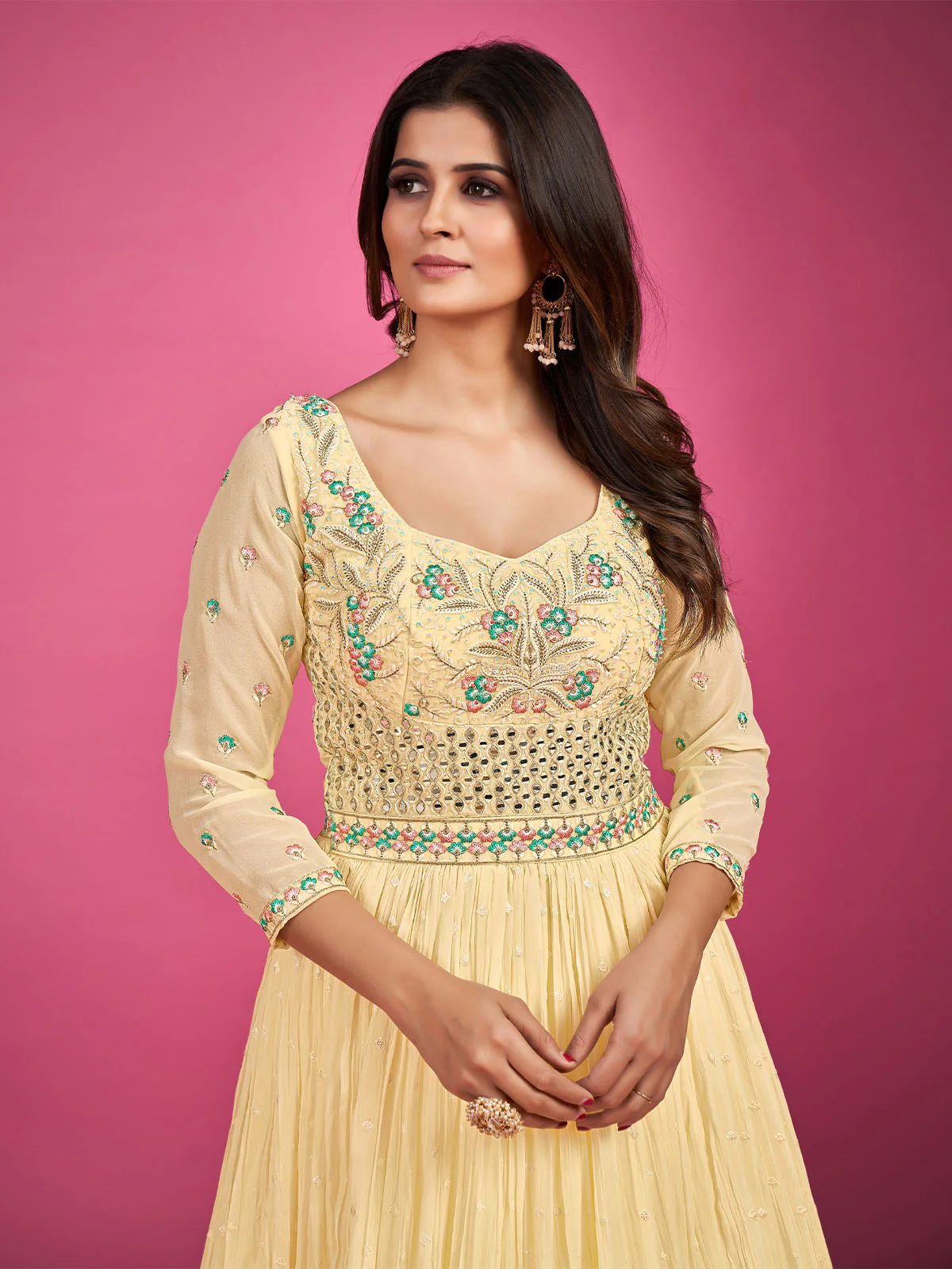 Odette Yellow Georgette Embroidered Stitched Gown With Dupatta For Women - Image 6