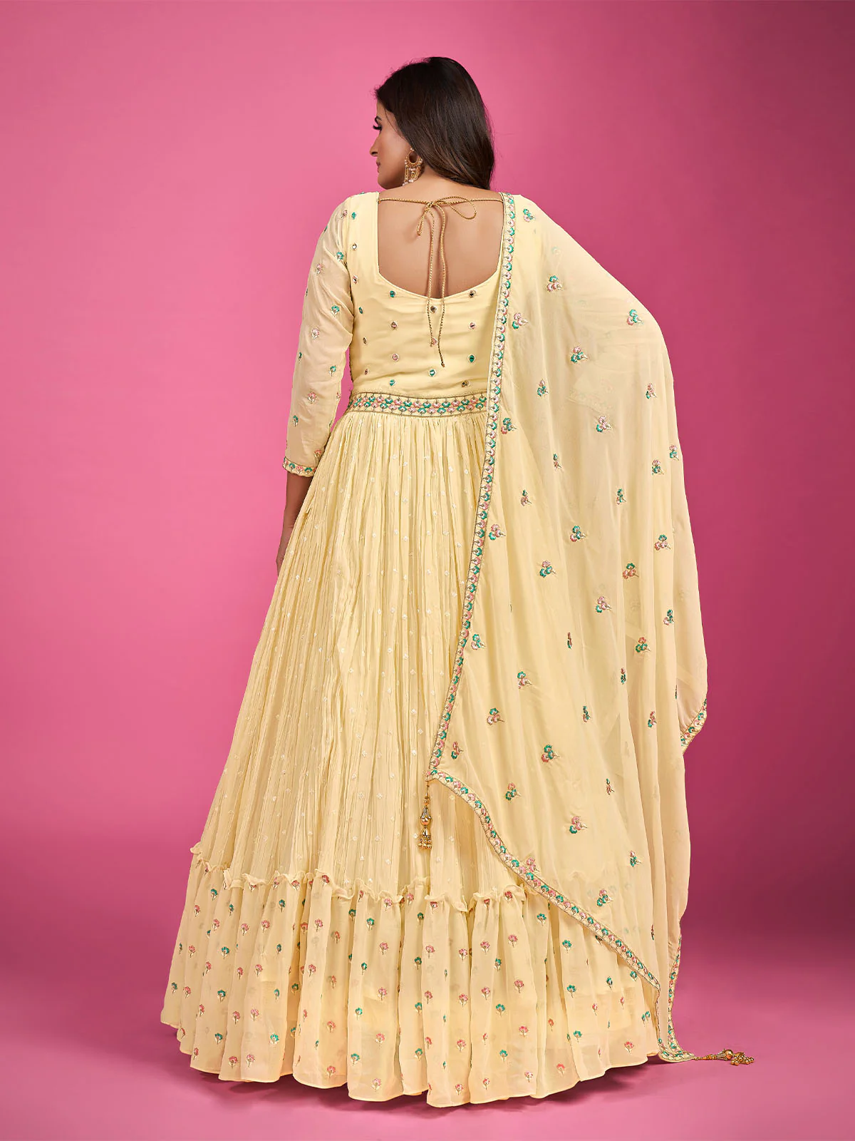 Odette Yellow Georgette Embroidered Stitched Gown With Dupatta For Women - Image 7