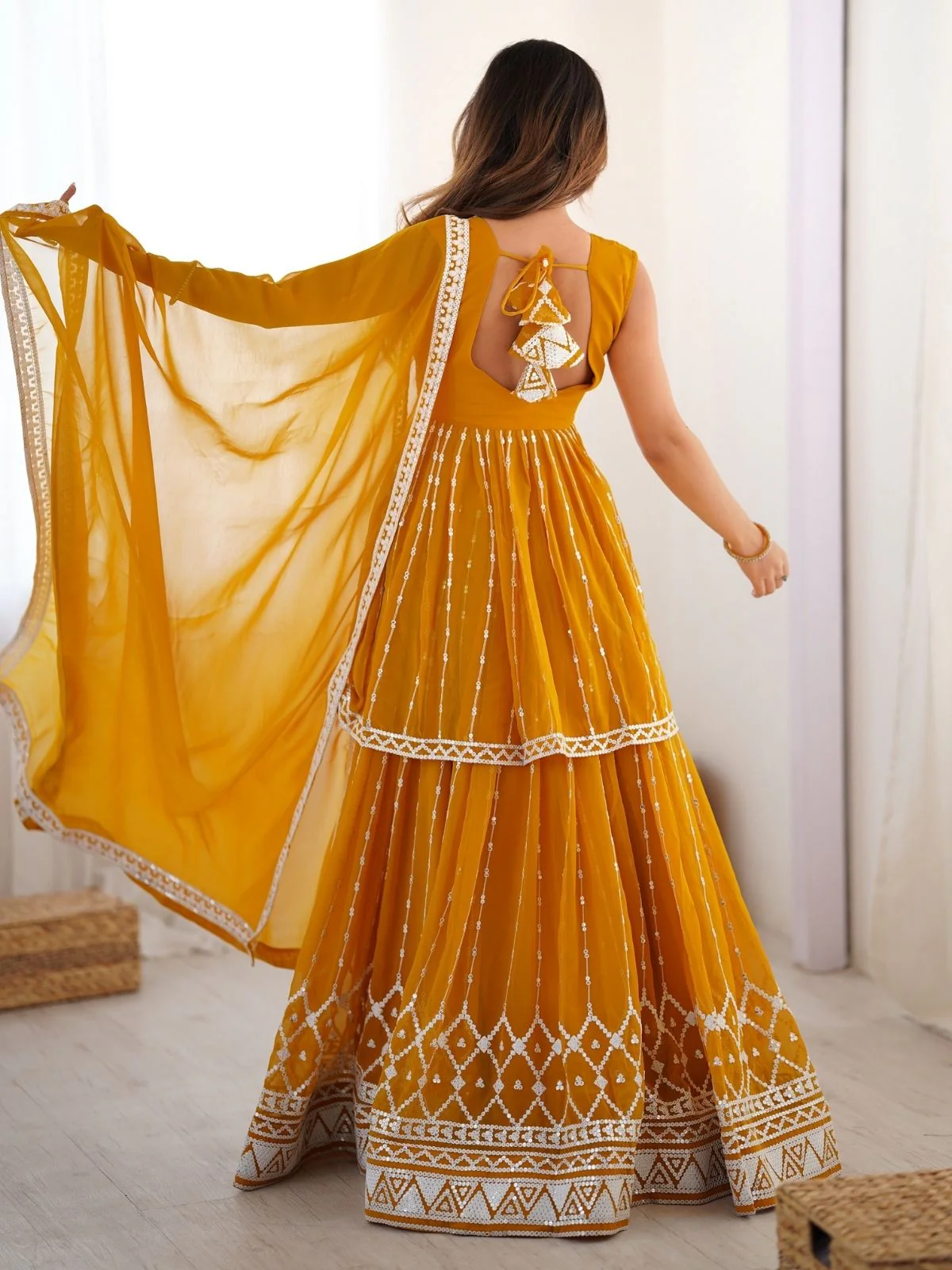 Odette Yellow Georgette Embroidered Stitched Kurta Set For Women - Image 3