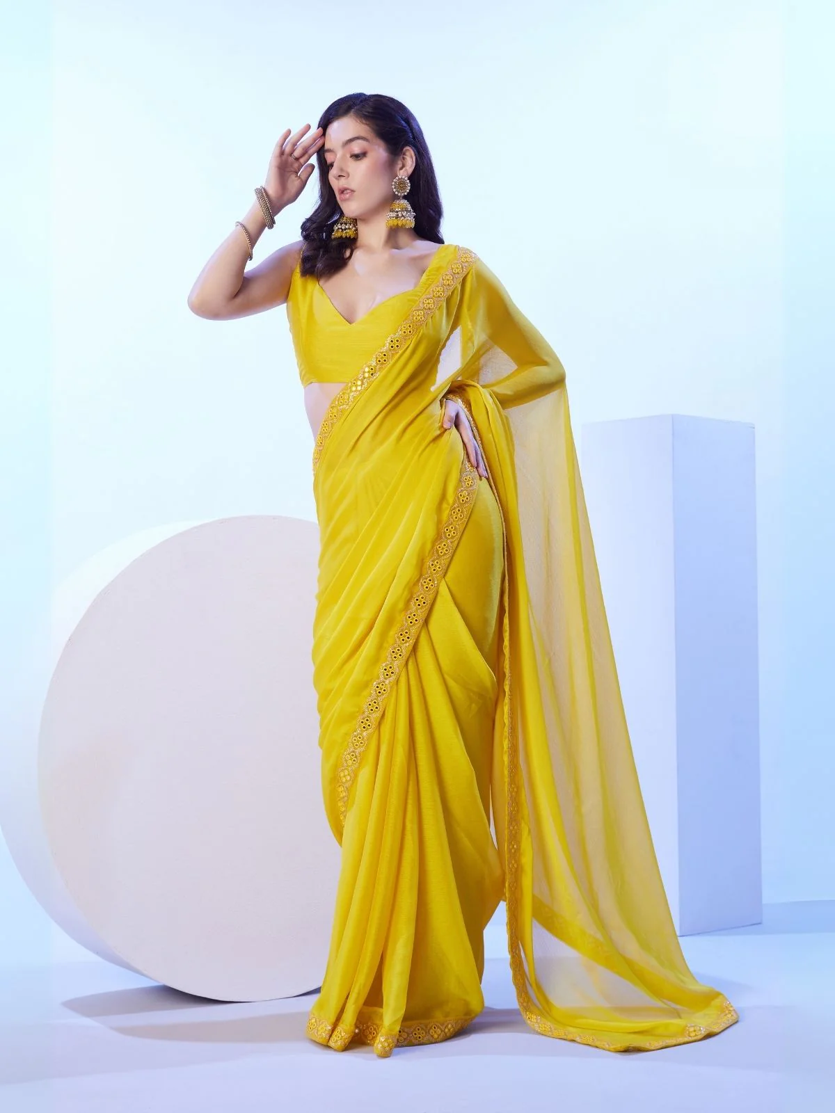 Odette Yellow Georgette Lace Work Saree With Unstitched Blouse For Women - Image 2