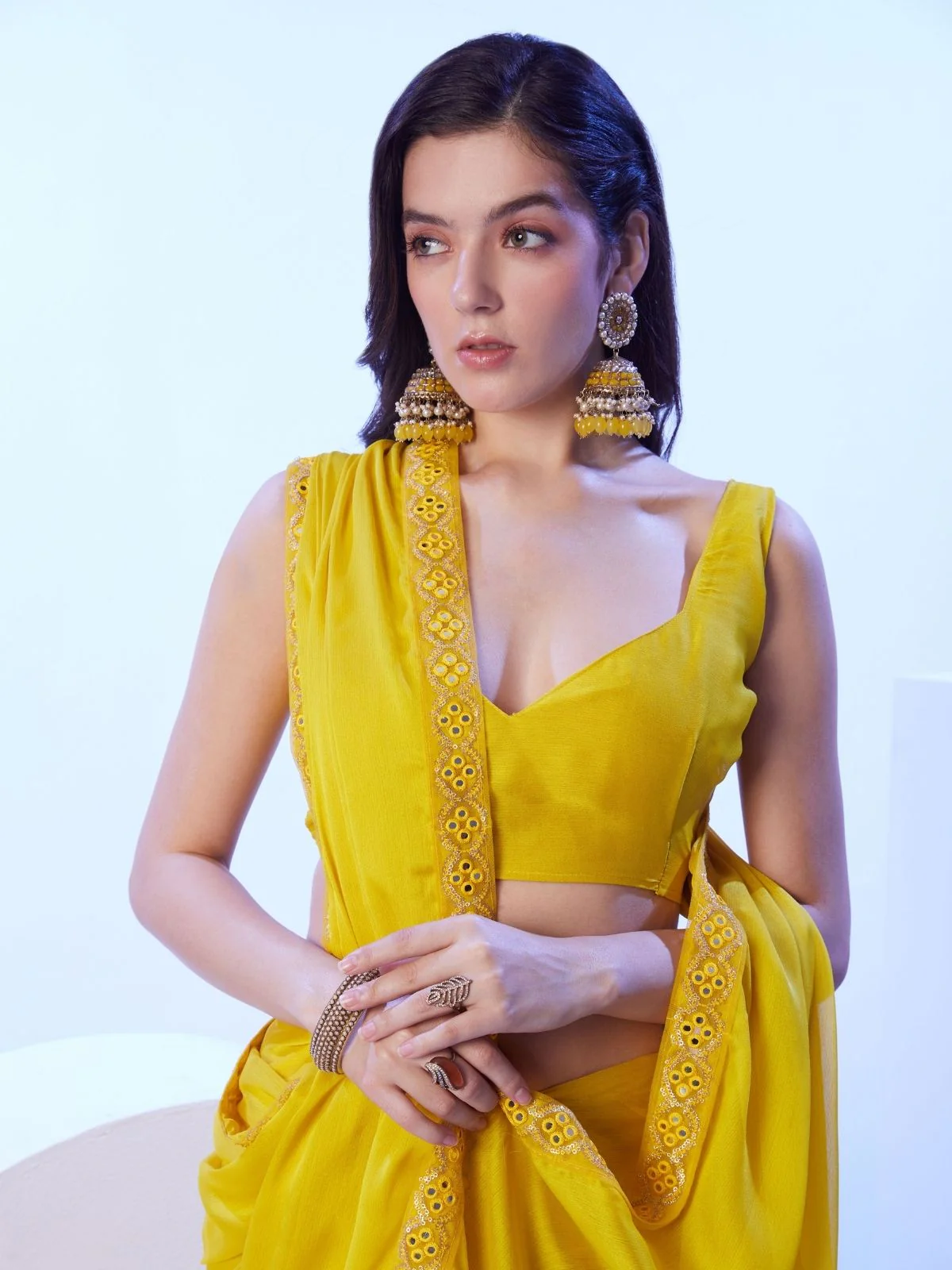 Odette Yellow Georgette Lace Work Saree With Unstitched Blouse For Women - Image 4