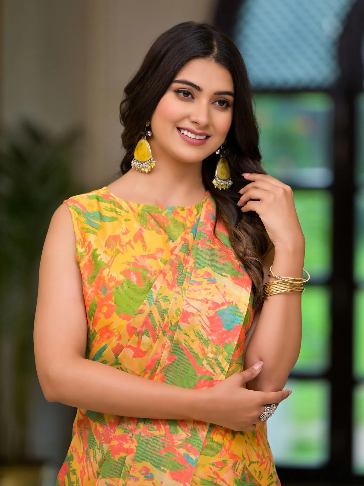 Odette Yellow Georgette Printed Ready To Wear Saree For Women - Image 3