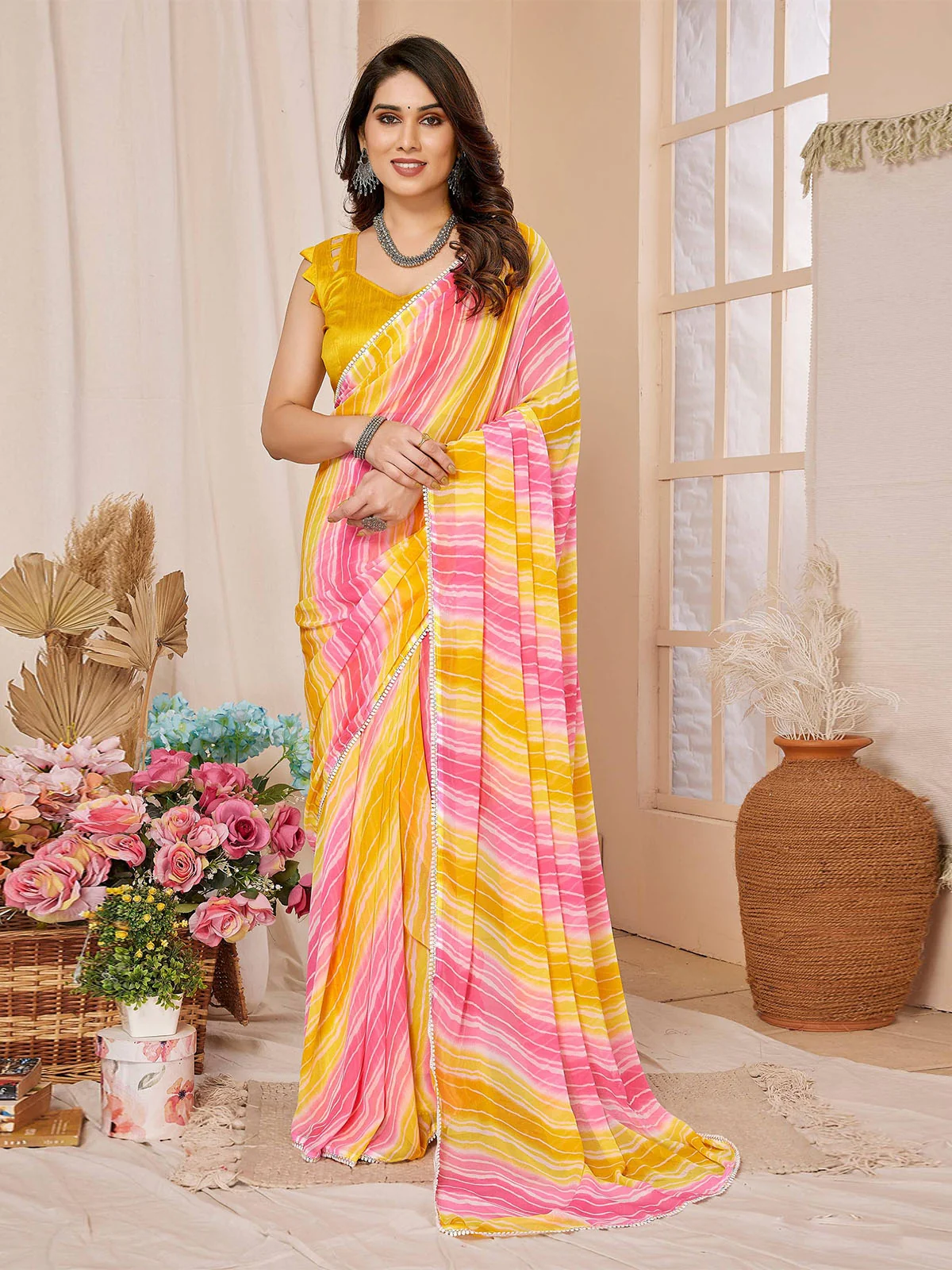 Odette Yellow Georgette Printed Ready To Wear Saree With Unstitched Blouse For Women
