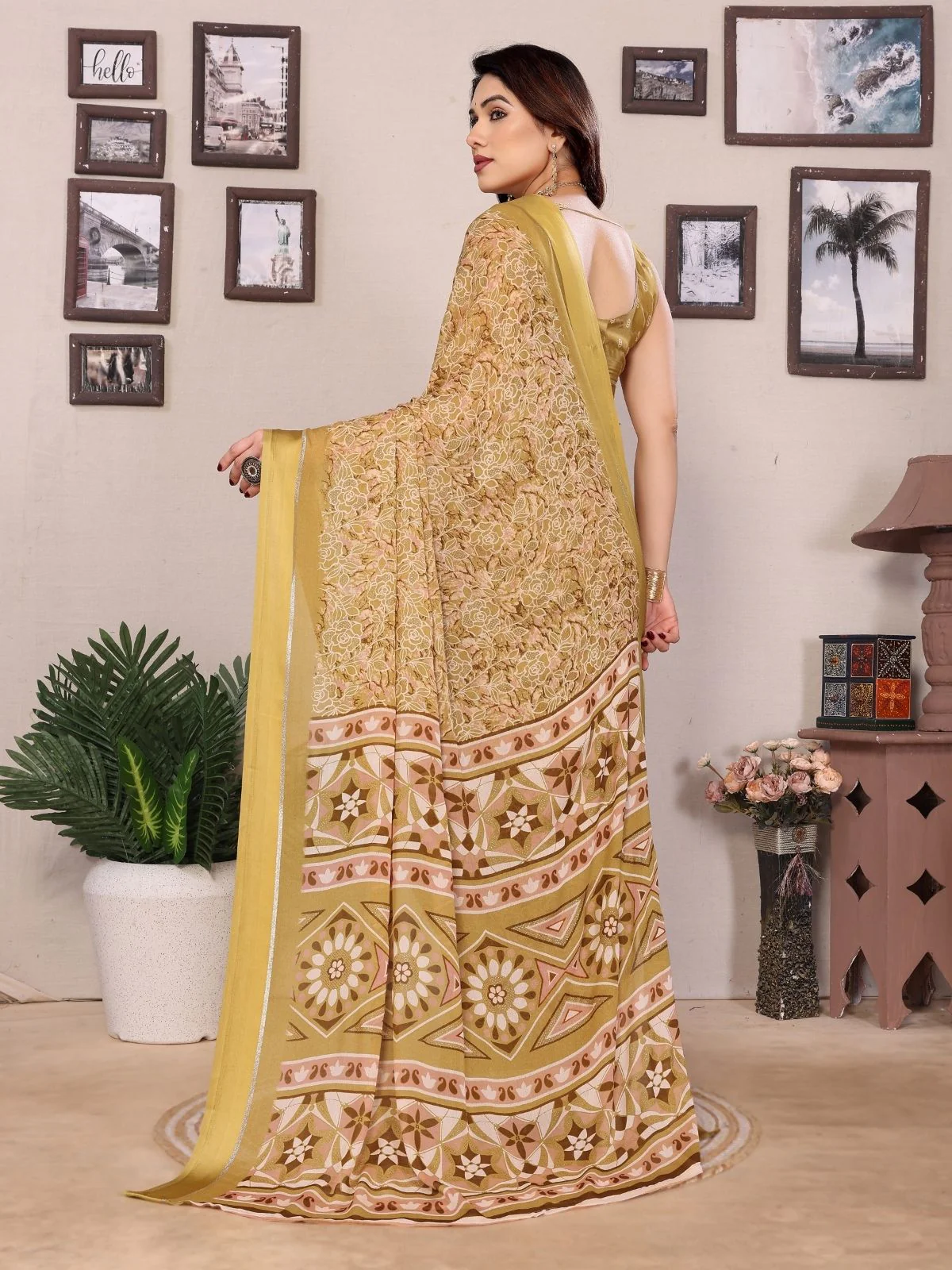 Odette Yellow Georgette Printed Saree For Women - Image 3