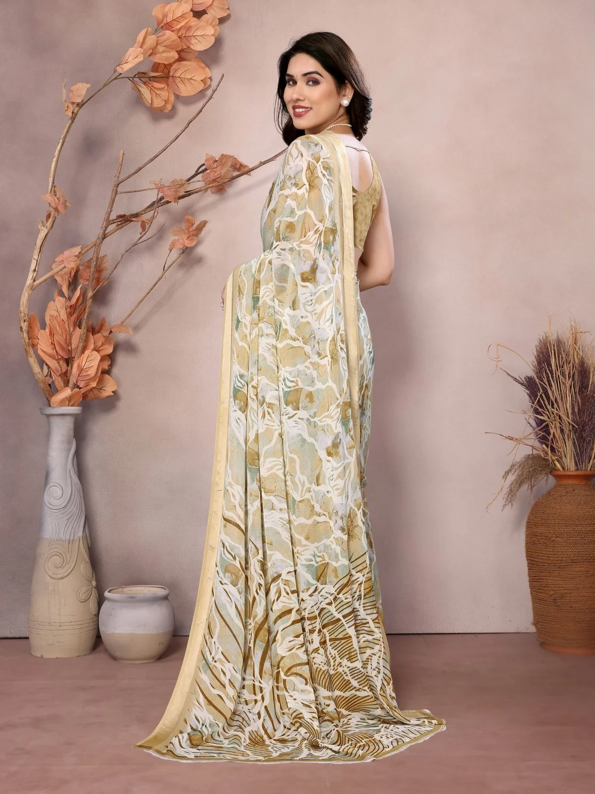 Odette Cream Georgette Printed Saree For Women - Image 2