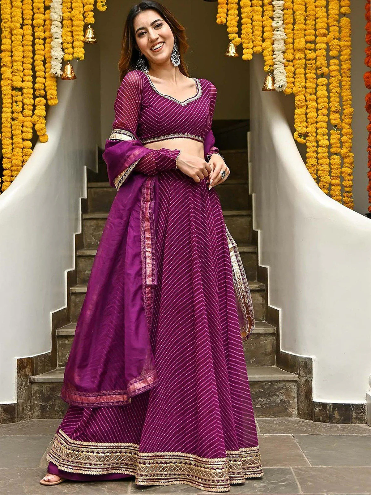 Odette Purple Georgette Printed Semi Stitched Lehenga With Unstitched Blouse For Women - Image 3