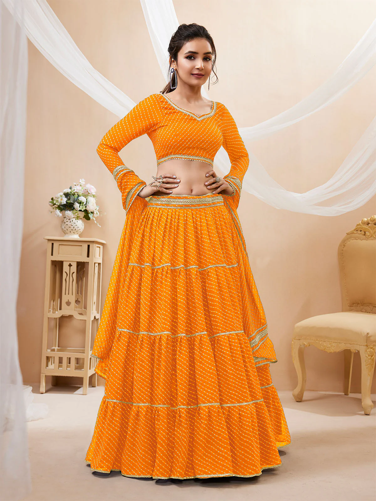 Odette Yellow Georgette Printed Semi Stitched Lehenga With Unstitched Blouse For Women - Image 2