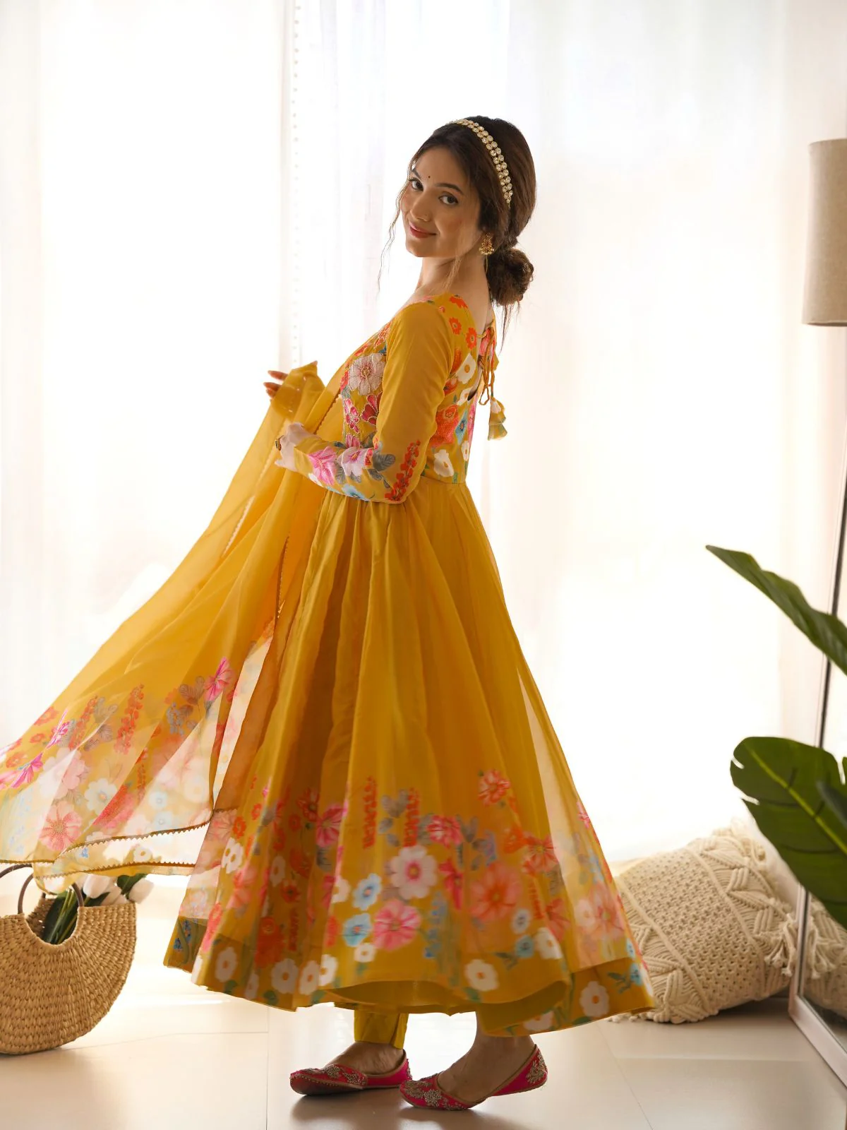 Odette Yellow Georgette Printed Stitched Kurta Set For Women - Image 2