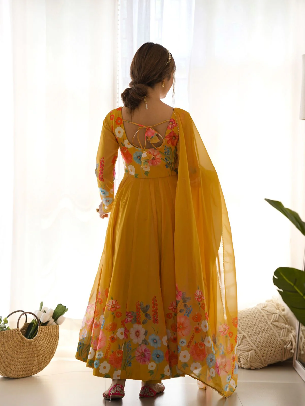 Odette Yellow Georgette Printed Stitched Kurta Set For Women - Image 3