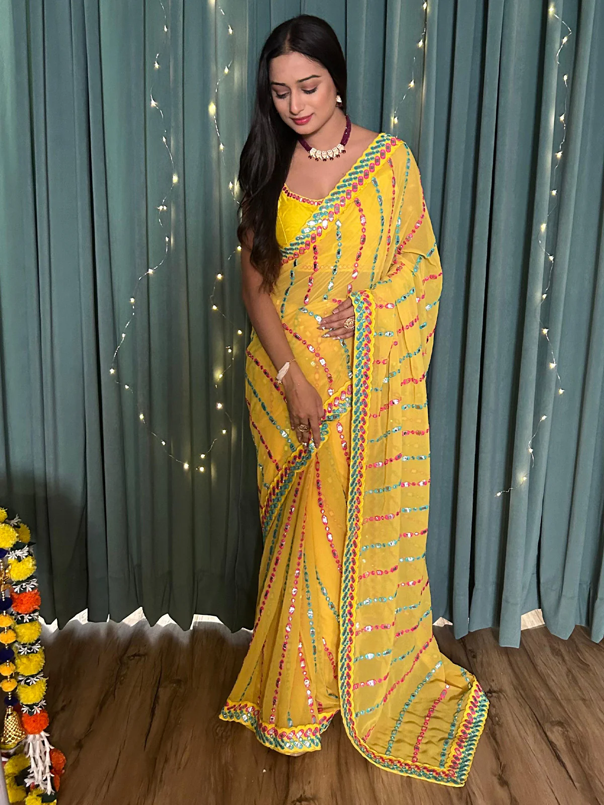 Odette Yellow Georgette Saree with unstitched Blouse for Women - Image 2