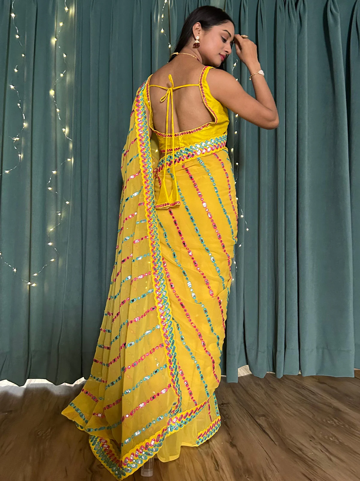 Odette Yellow Georgette Saree with unstitched Blouse for Women - Image 4