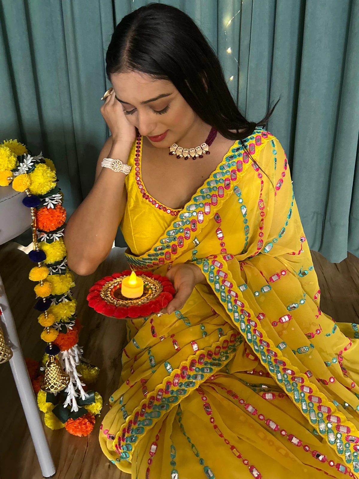 Odette Yellow Georgette Saree with unstitched Blouse for Women - Image 6