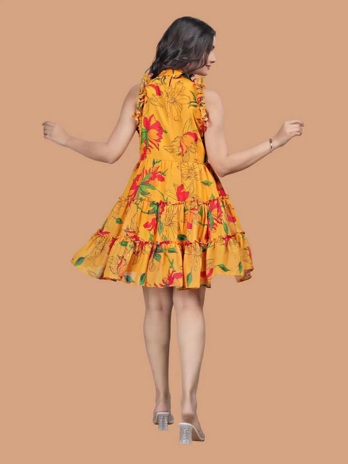 Odette Yellow Georgette Solid Dress For Women - Image 3