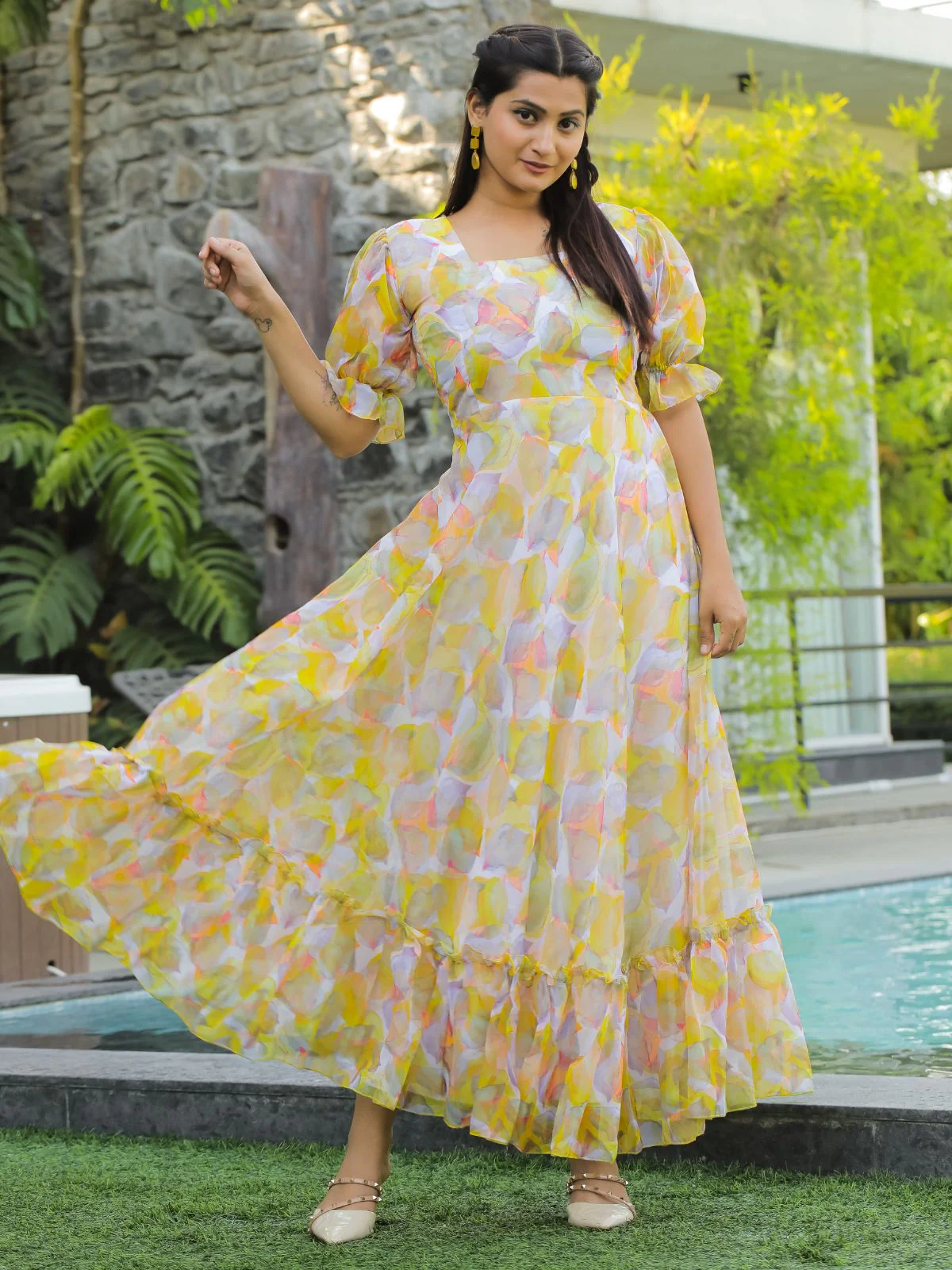 Odette Yellow Georgette Stitched Printed Indo Western Dress For Women - Image 2