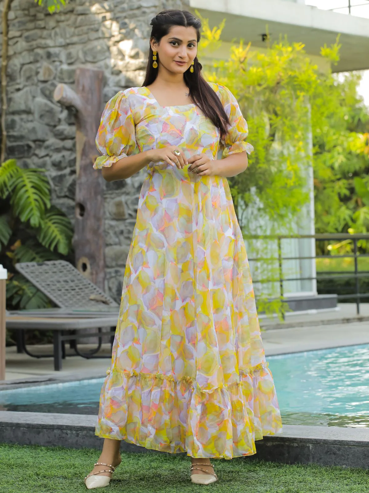 Odette Yellow Georgette Stitched Printed Indo Western Dress For Women - Image 4