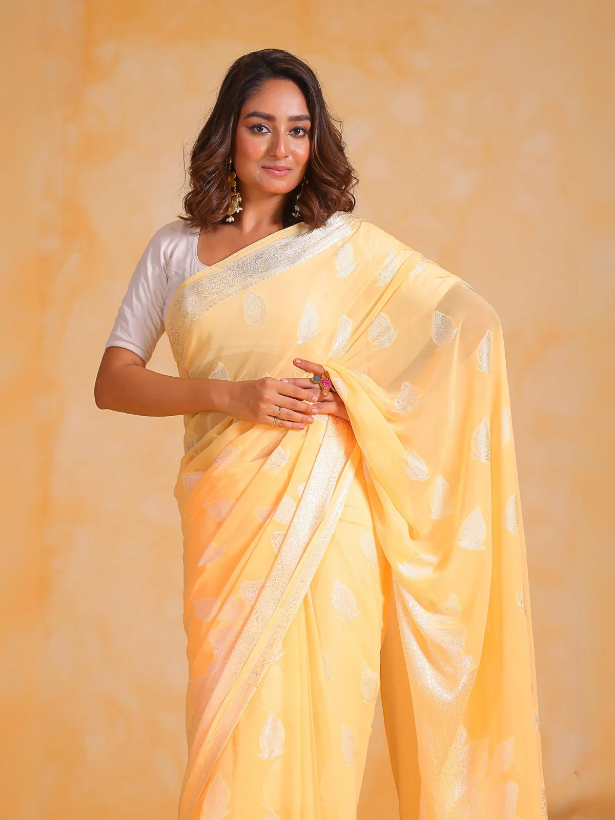 Odette Yellow Georgette Woven Design Saree With Unstitched Blouse For Women - Image 3