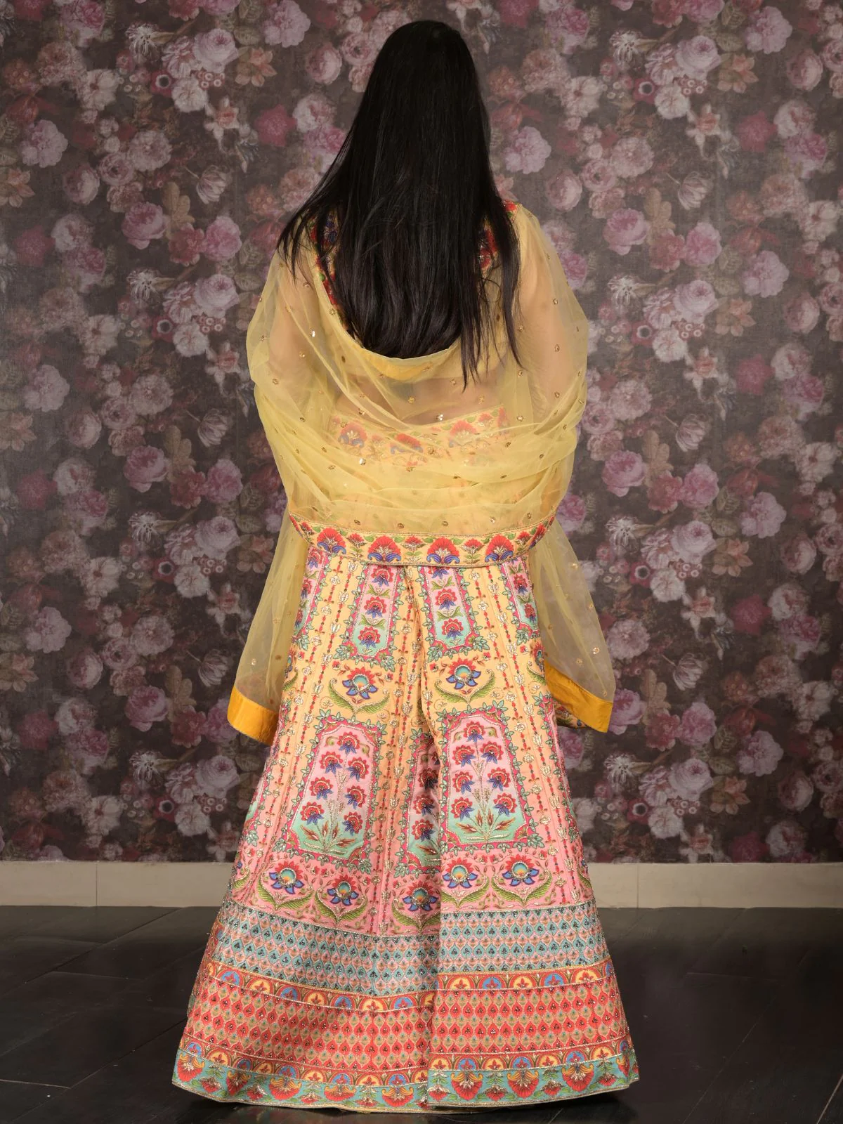 Odette Yellow Heavy Printed Embroidered Silk Blend Semi-Stitched Lehenga with Unstitched Blouse for Women - Image 4