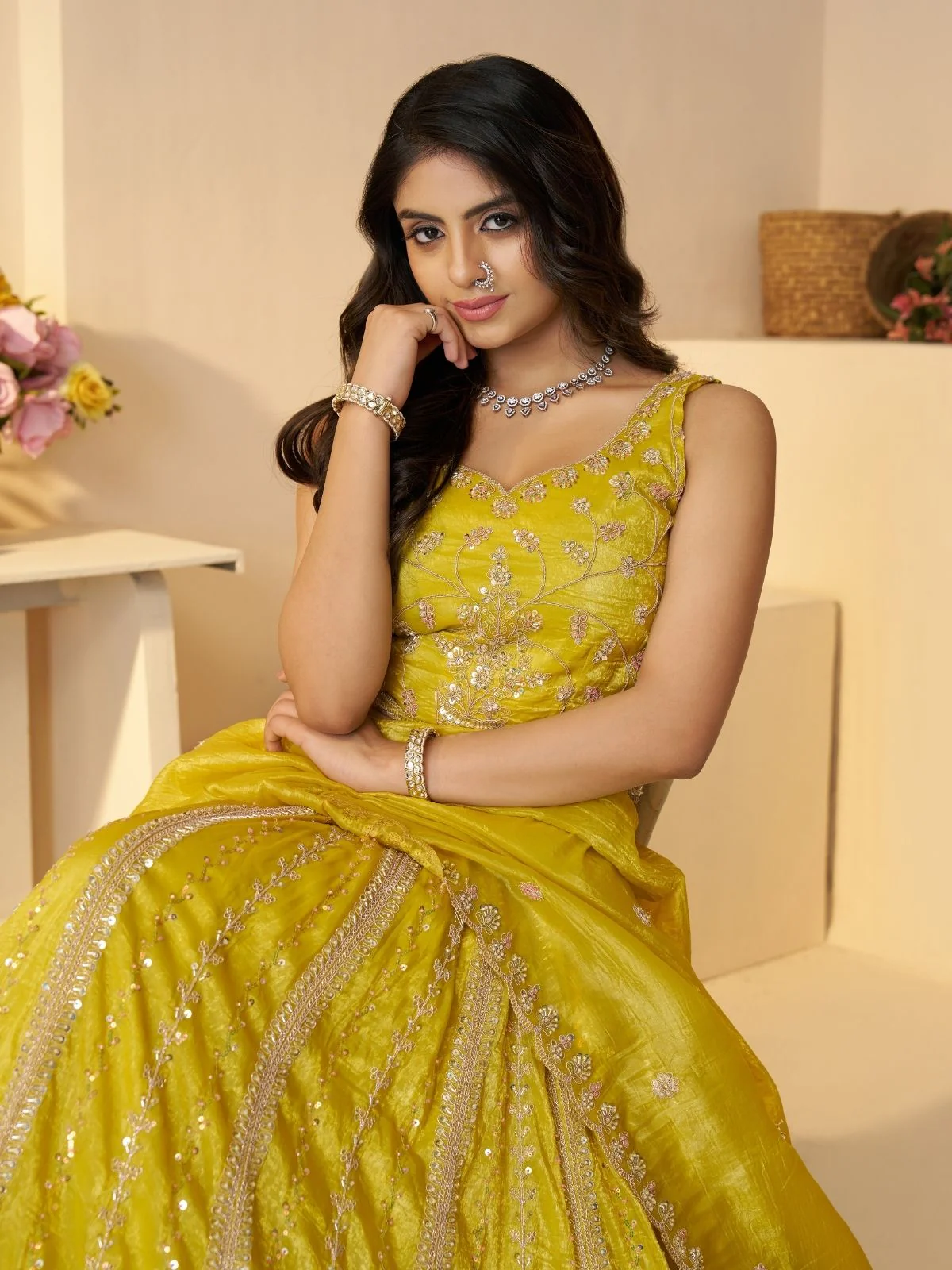 Odette Yellow Jimmy Choo Embroidered Semi-Stitched Lehenga For Women - Image 3