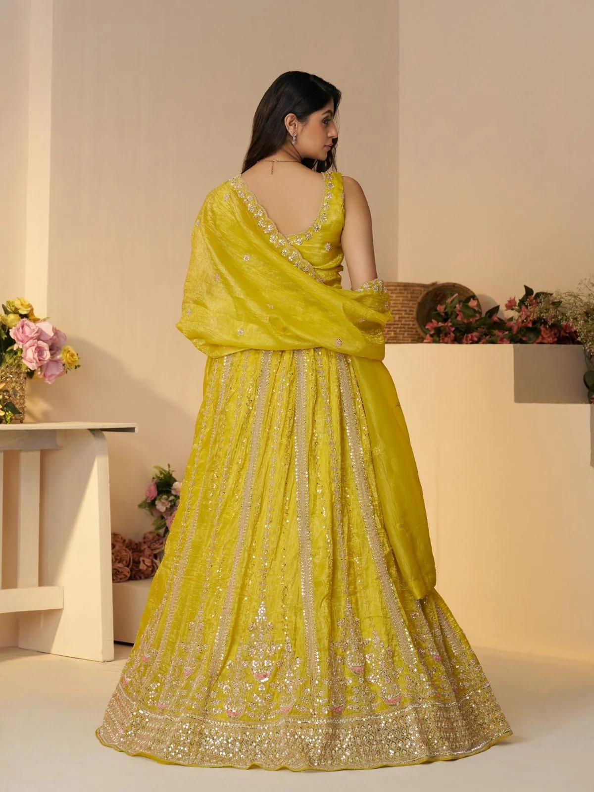 Odette Yellow Jimmy Choo Embroidered Semi-Stitched Lehenga For Women - Image 4