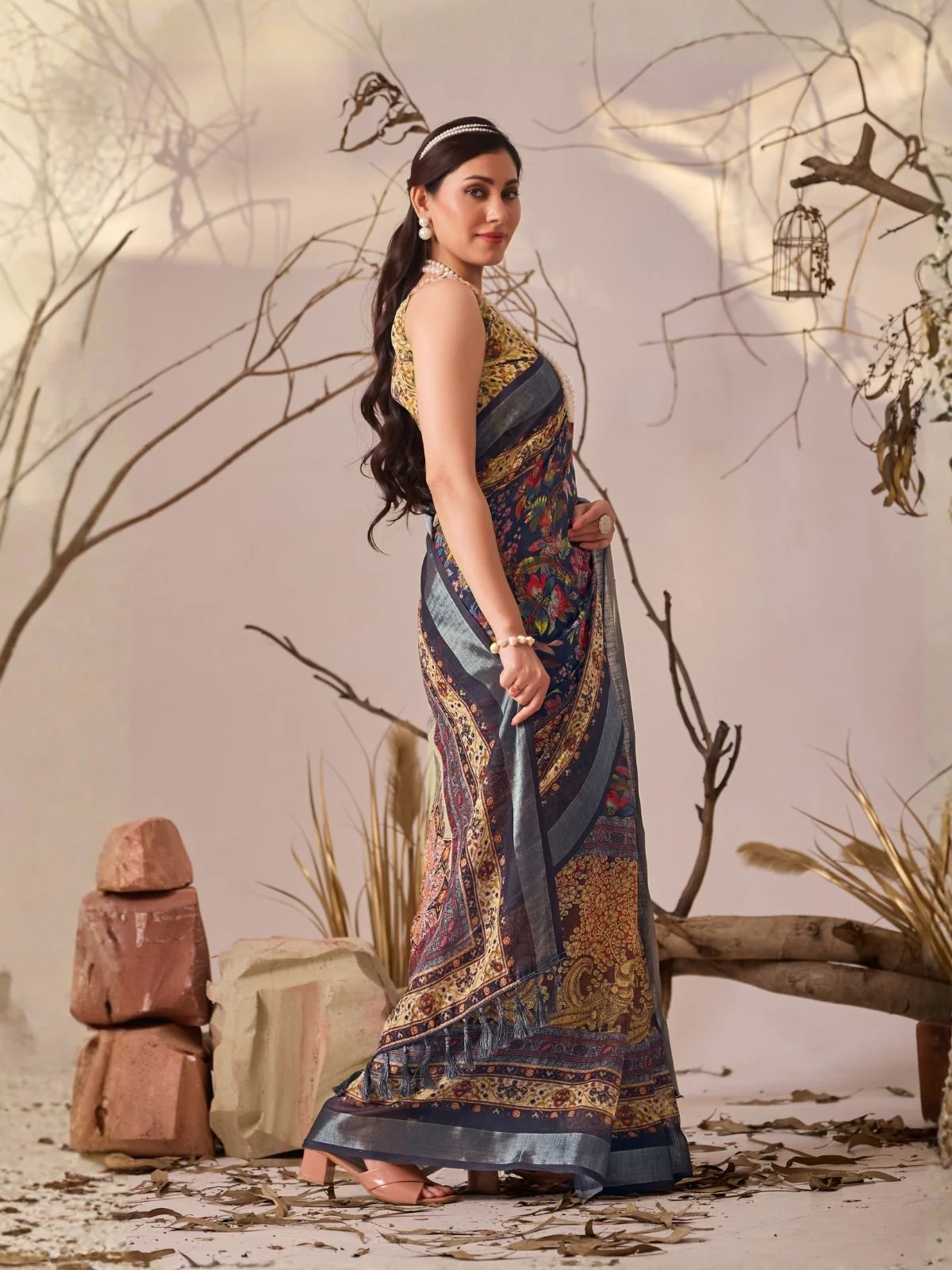 Odette Yellow Linen Cotton Printed Saree For Women - Image 2