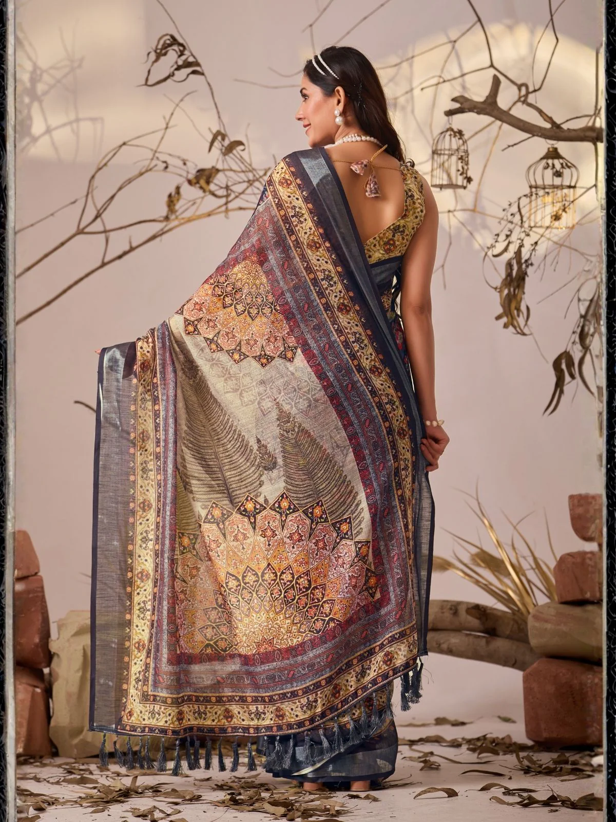 Odette Yellow Linen Cotton Printed Saree For Women - Image 3