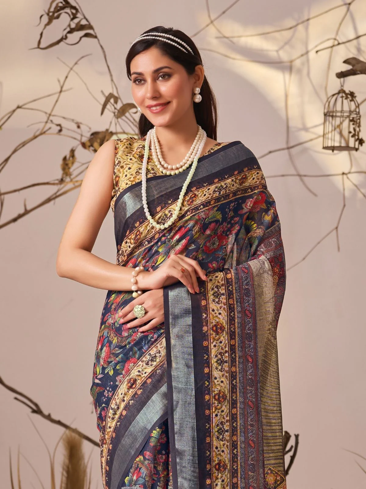 Odette Yellow Linen Cotton Printed Saree For Women - Image 4