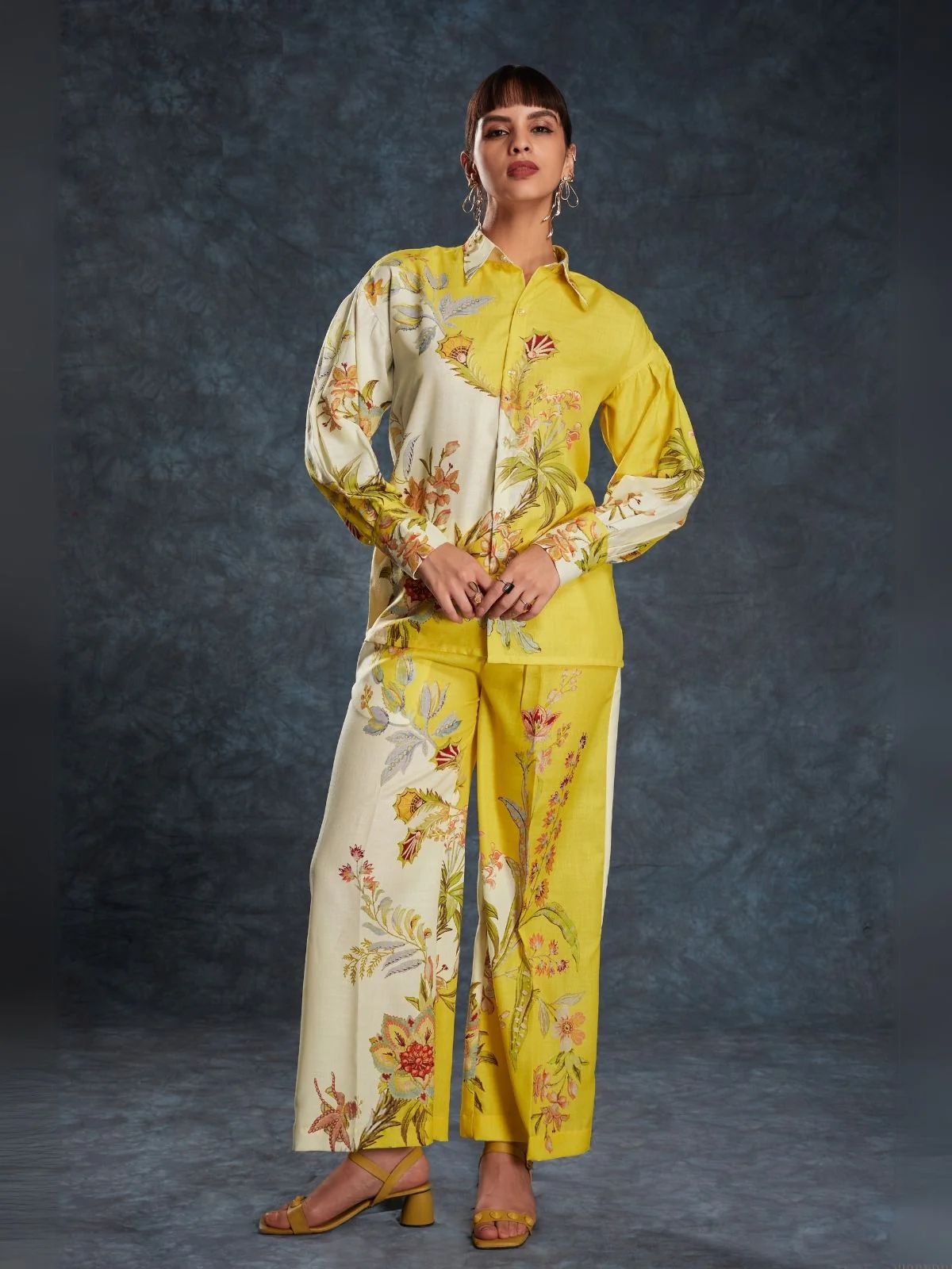 Odette Yellow Linen Printed Stitched Co-Ord Set For Women - Image 3