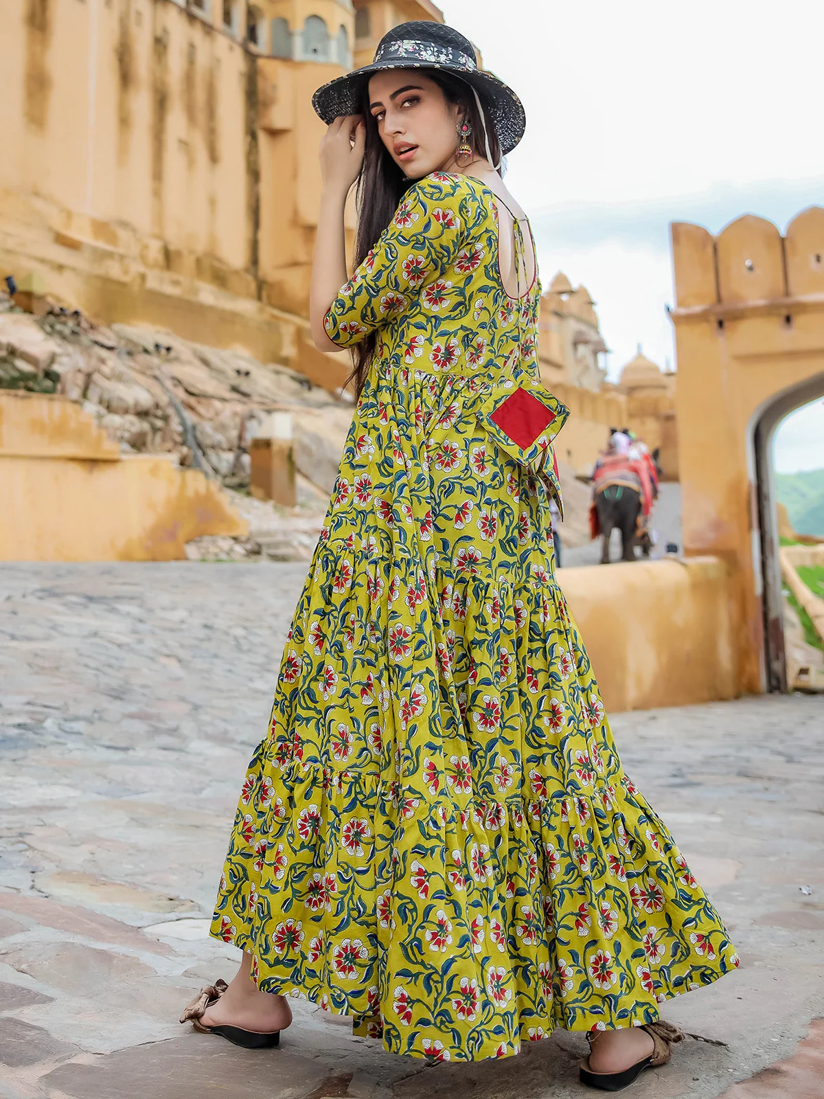 Odette Yellow Muslin Printed Stitched Gown for Women - Image 2