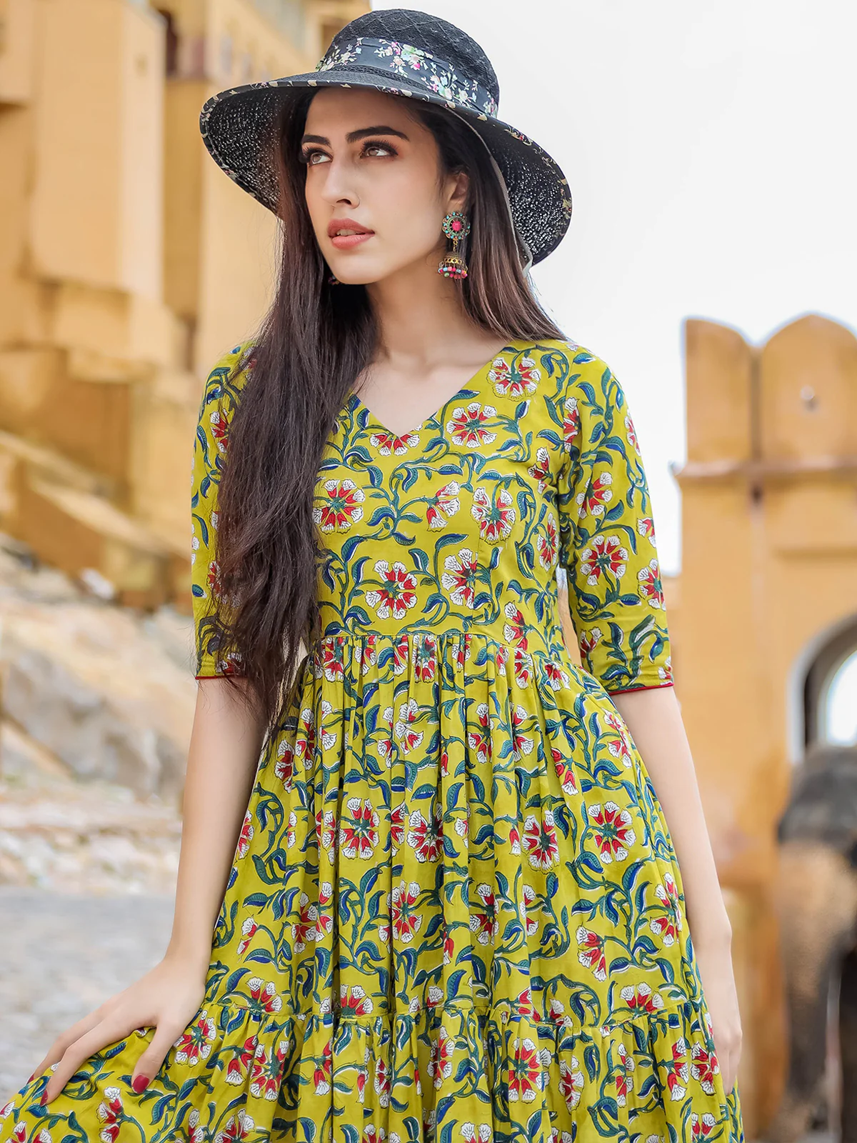 Odette Yellow Muslin Printed Stitched Gown for Women - Image 3