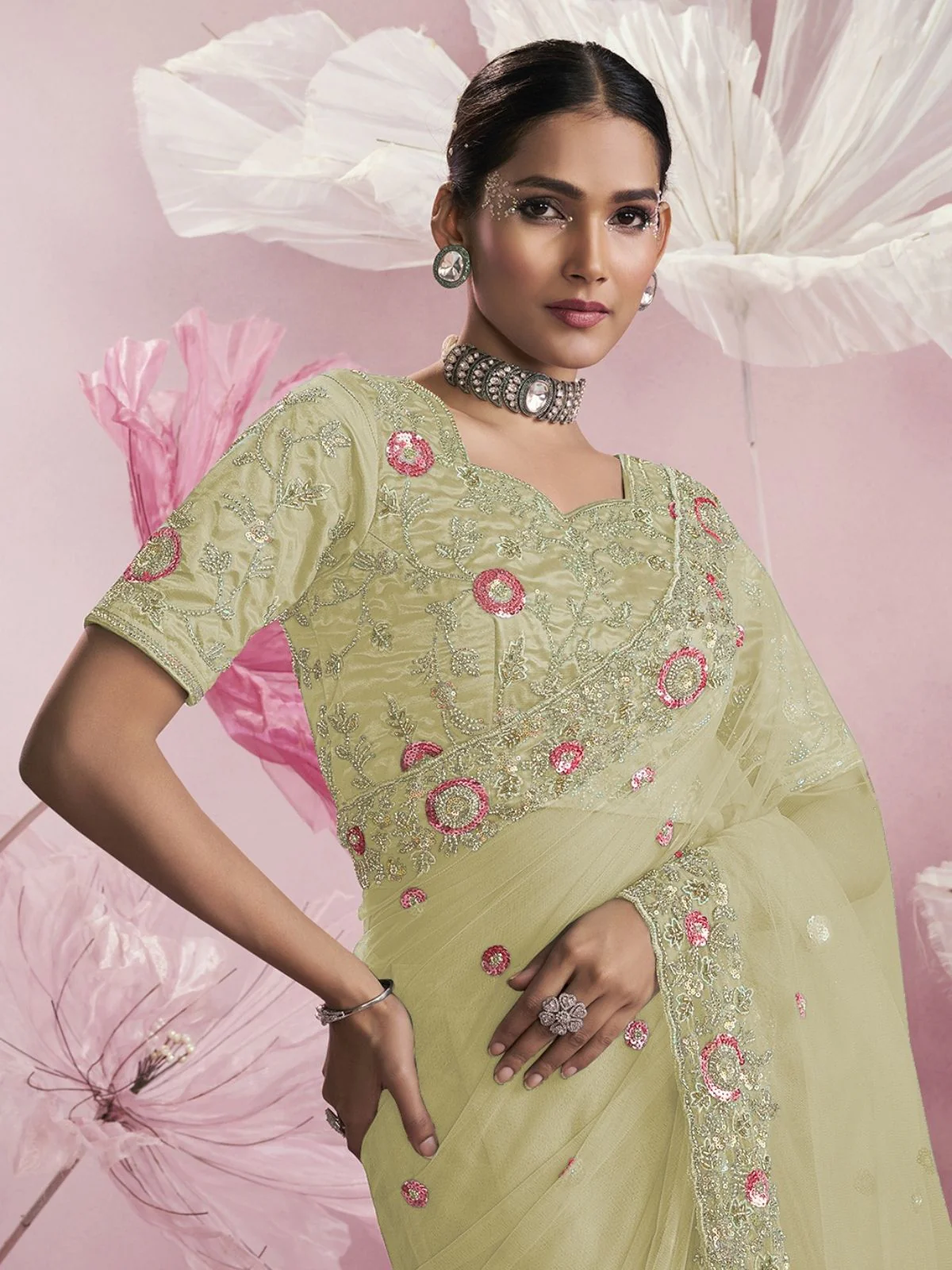 Odette Yellow Net Embellished Elegant Saree For Women - Image 2